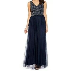Adrianna Papell Navy Blue Sleeveless V-neck Beaded Bodice Tulle Gown